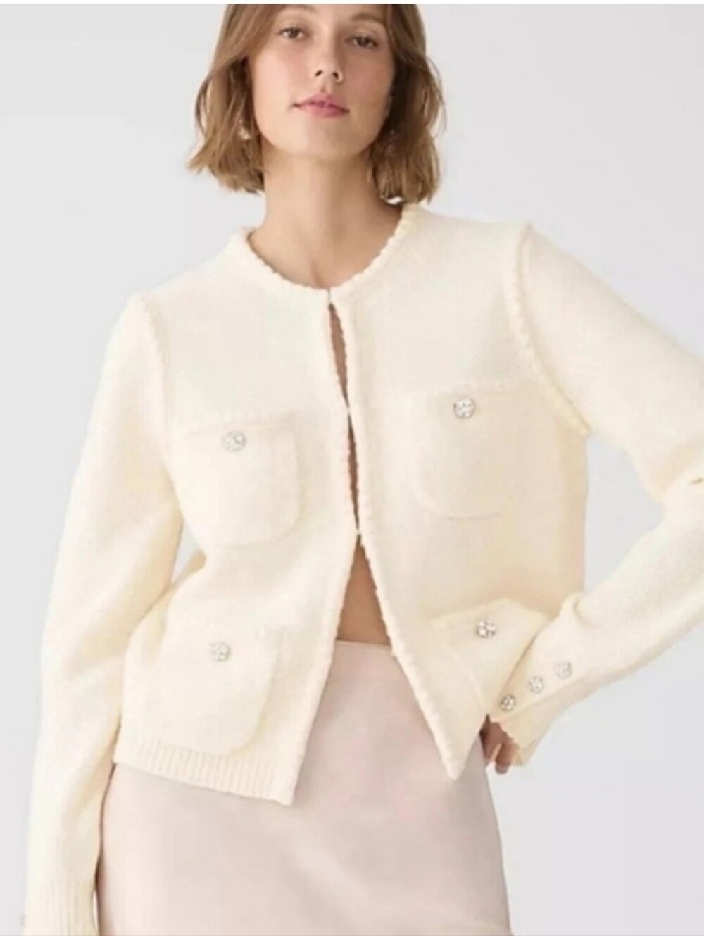 J. Crew Odette Lady Sweater Ivory Boucle Knit Gold Button Cardigan Jacket M